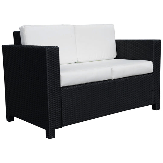 Black 2-seater rattan garden sofa with cream white padded cushions
