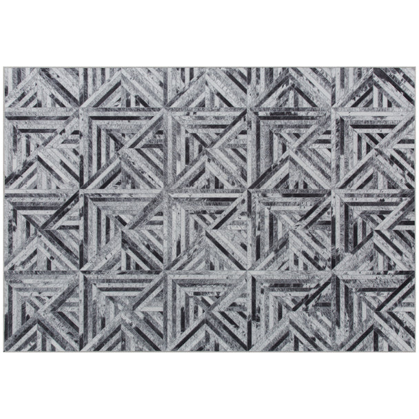 Black chenille rug with faux leather patchwork triangle pattern, 290 x 200 cm