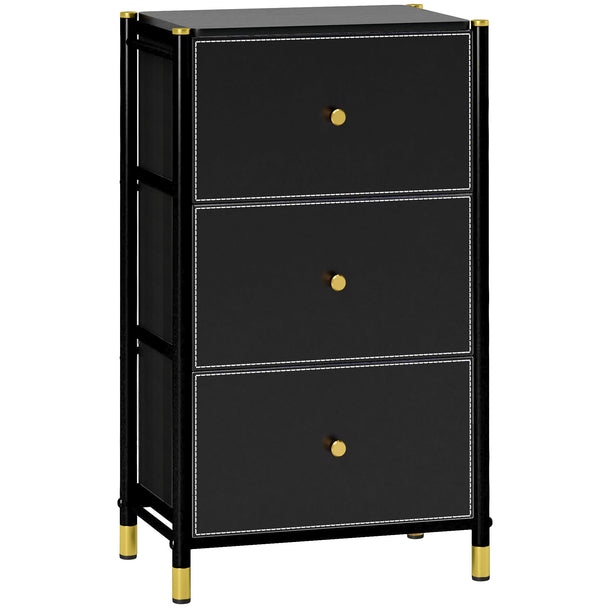 Slim black chest with three faux leather drawers and gold-tone handles