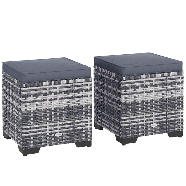 Outsunny Set of 2 Rattan Storage Ottoman, Outdoor Footstool with Removable Cushions, Garden Storage Seat for Balcony
