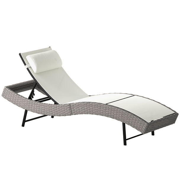 Light grey rattan sun lounger with cream S-shaped textilene seat, adjustable back and headrest