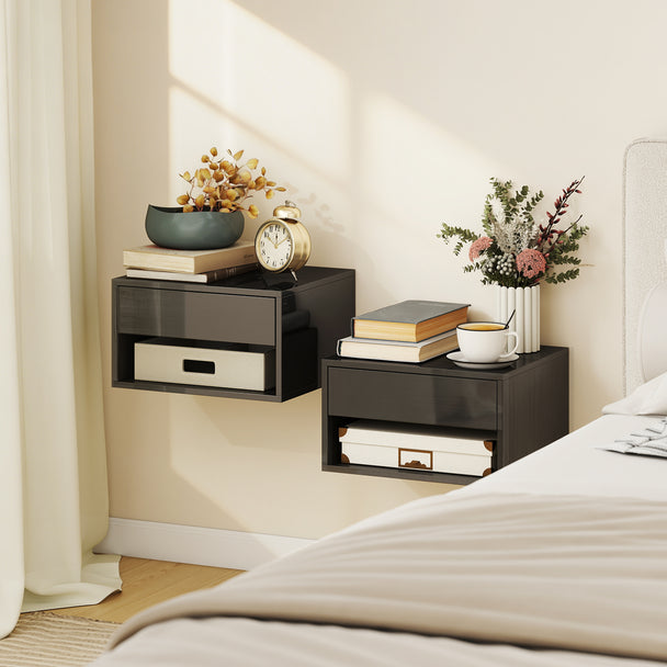 HOMCOM Floating Bedside Tables Set of 2, Wall Mounted Nightstand, High Gloss Black – view 2