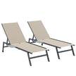 Set of two khaki mesh sun loungers with side tray tables and rear wheels