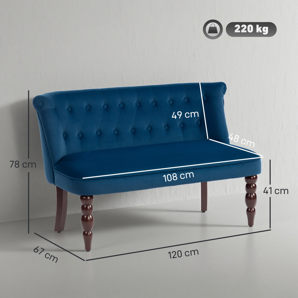 Velvet 2 Seater Sofa, Button Tufted Wingback Loveseat with Rubber Wood Legs for Living Room, Bedroom, Dark Blue