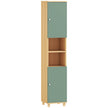 Tall slim bathroom cabinet with green doors, wood-tone body and open shelves