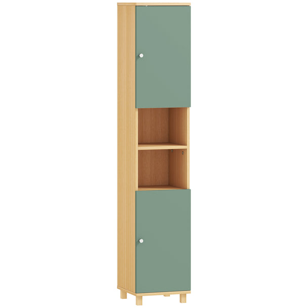 Tall slim bathroom cabinet with green doors, wood-tone body and open shelves