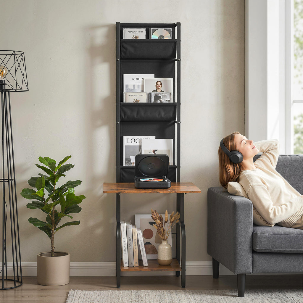 Vinyl Record Player Stand Record Storage with Player Stand Oxford Fabric Pockets Bottom Shelf Rustic Brown and Black