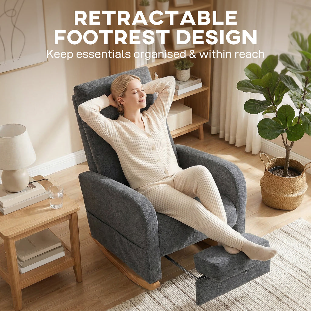 Upholstered Rocking Chair Retractable Footrest Rocker Chair High Back for Living Room Grey