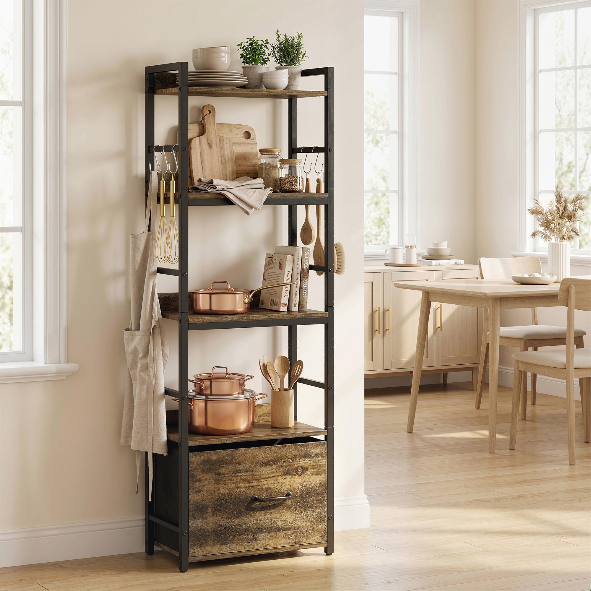 4-Tier Bookshelf, Narrow Bookcase with Drawer, 8 Hooks, Metal Frame, Rustic Brown