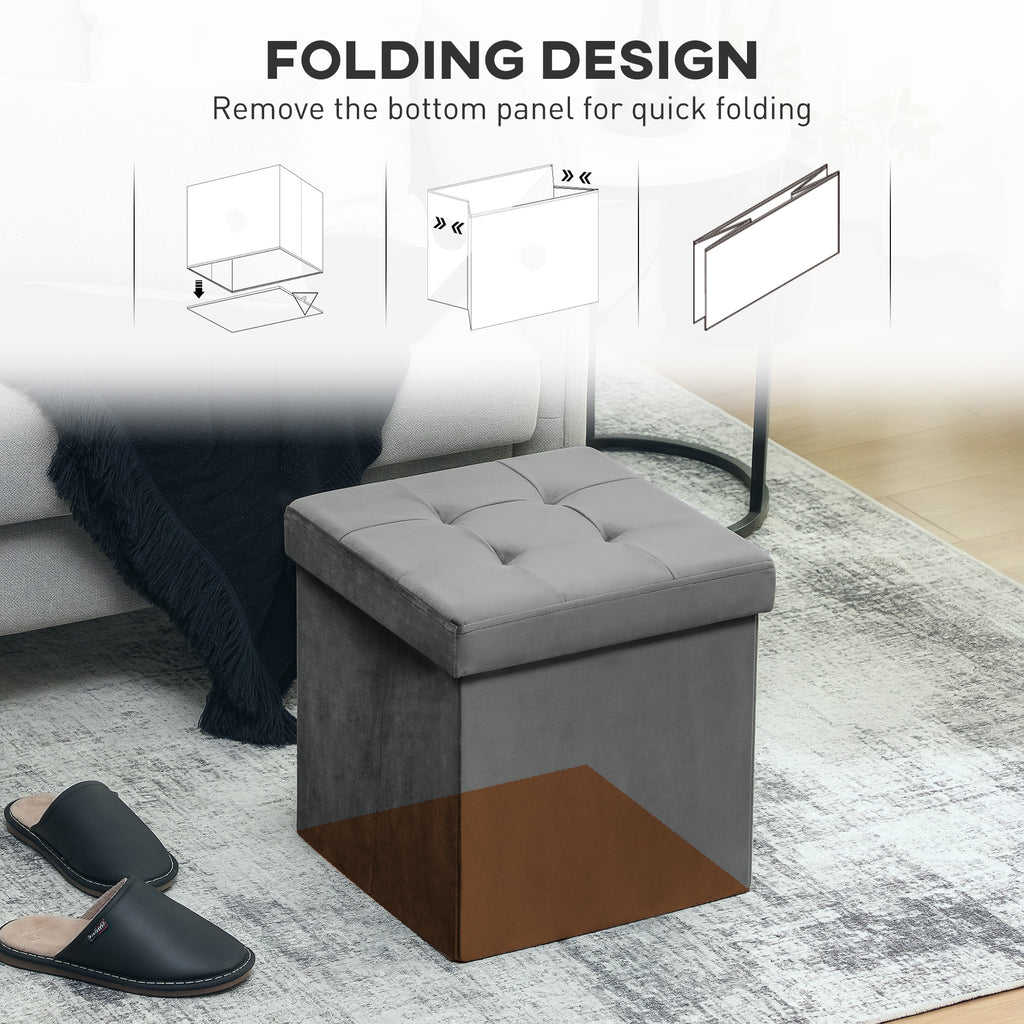 Foldable Velvet-Feel Storage Ottoman - Grey