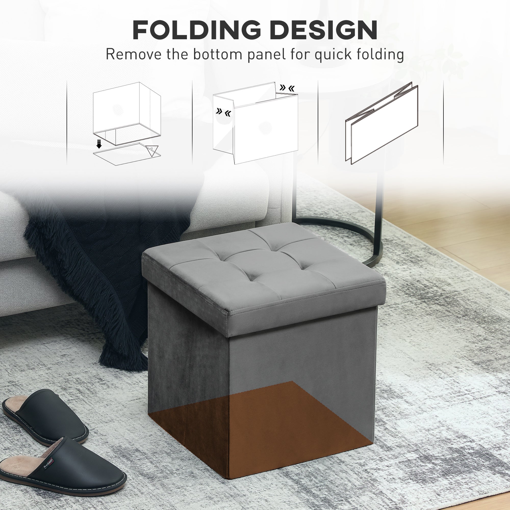 Foldable Velvet-Feel Storage Ottoman - Grey