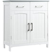 White freestanding bathroom cabinet with two drawers above a double-door cupboard on short legs