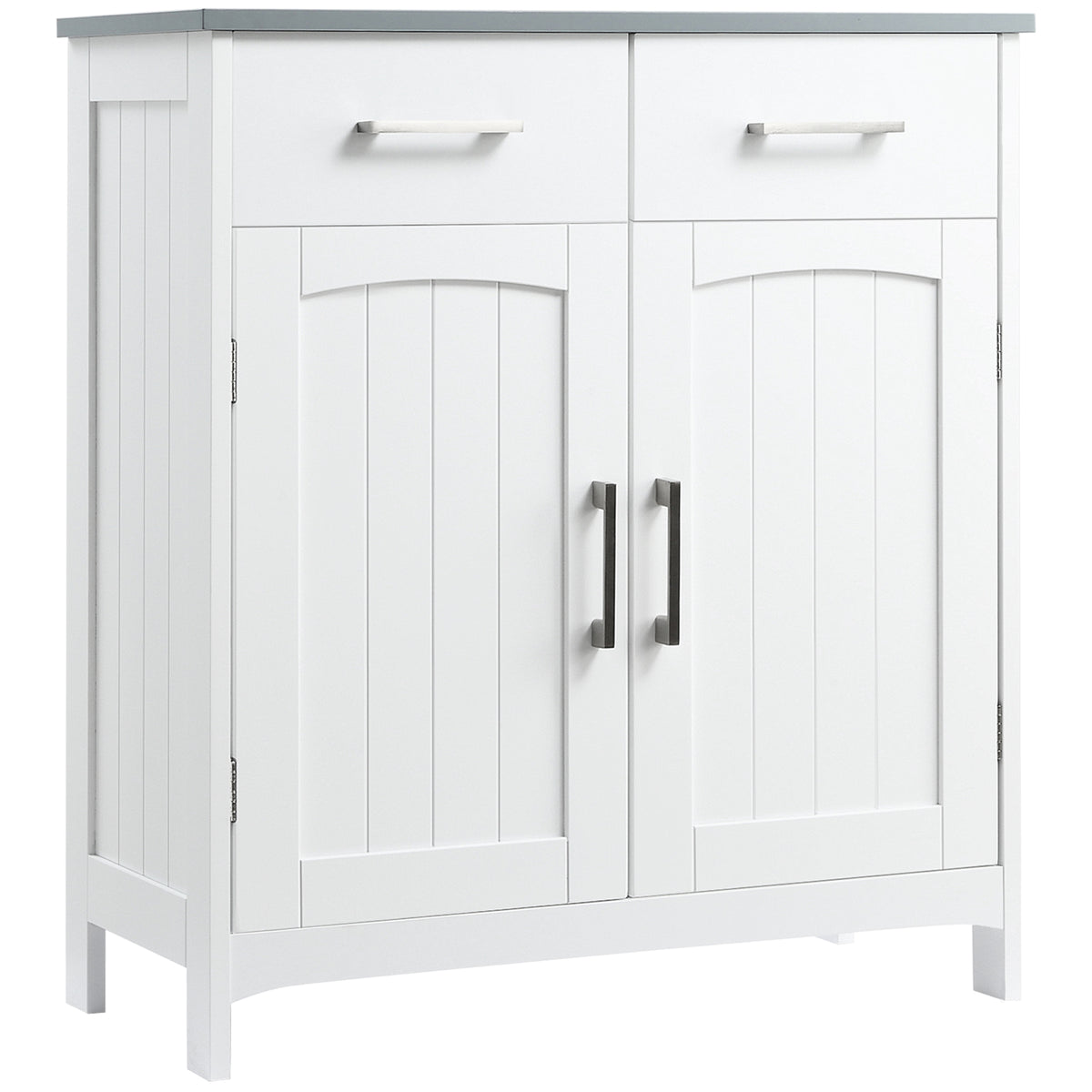 White freestanding bathroom cabinet with two drawers above a double-door cupboard on short legs