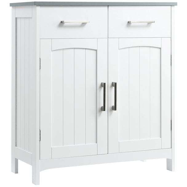 White freestanding bathroom cabinet with two drawers above a double-door cupboard on short legs
