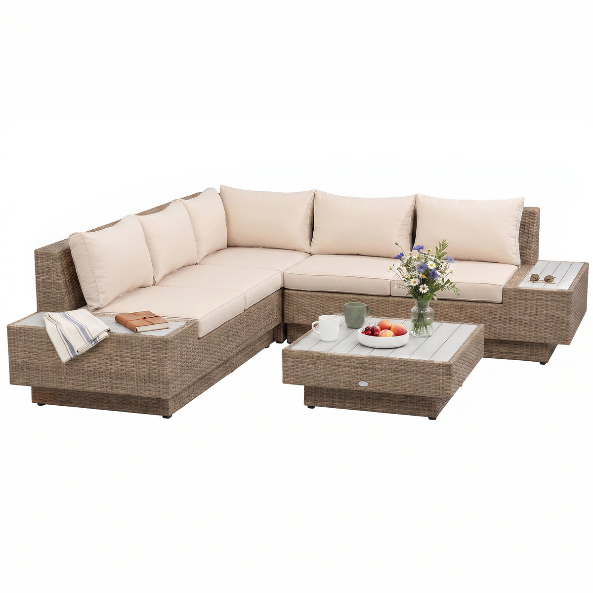 Beige 4-piece rattan corner sofa set with two loveseats, corner seat, coffee table and padded cushions