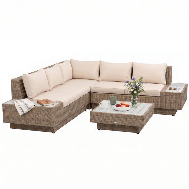 Beige 4-piece rattan corner sofa set with two loveseats, corner seat, coffee table and padded cushions