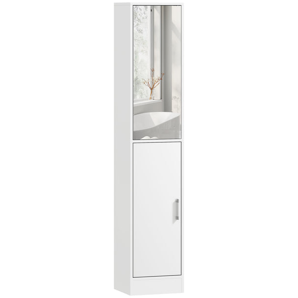 Tall slim white bathroom cabinet with mirrored upper door and lower cupboard