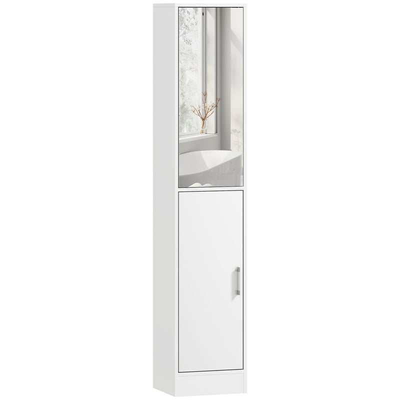 Tall slim white bathroom cabinet with mirrored upper door and lower cupboard