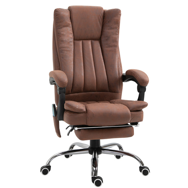 Brown microfibre heated massage office chair with padded armrests and pull-out footrest