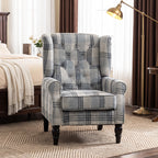 Faux Linen Armchair with Thick Spring Cushion, Wingback Accent Chair with High Back, Solid Wood Legs, Mixed Plaid