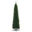 7ft tall unlit green pencil slim artificial Christmas tree on a plastic stand