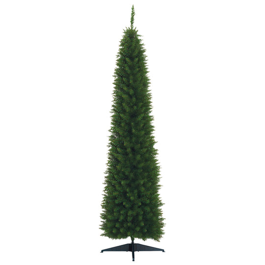 7ft tall unlit green pencil slim artificial Christmas tree on a plastic stand