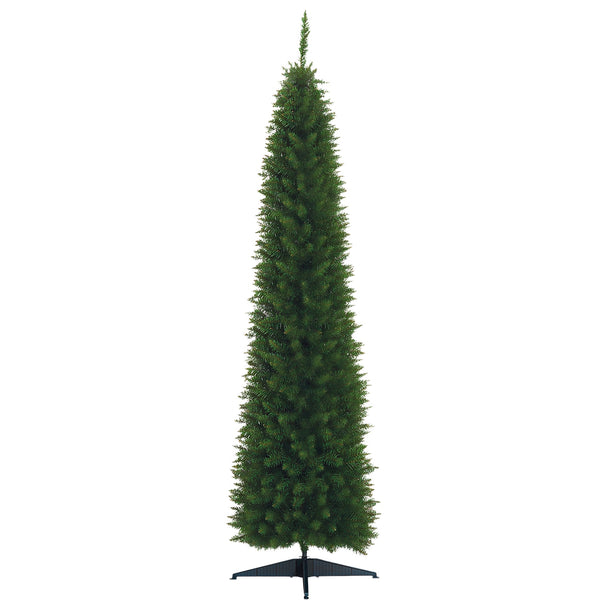 7ft tall unlit green pencil slim artificial Christmas tree on a plastic stand