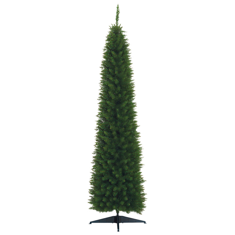 7ft tall unlit green pencil slim artificial Christmas tree on a plastic stand