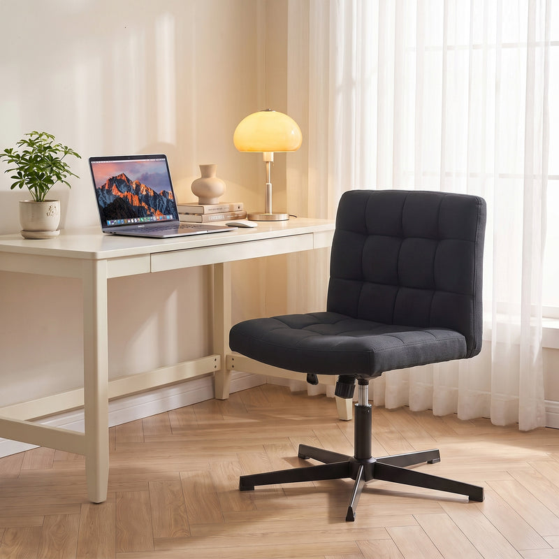 HOMCOM Armless Office Chair, Cross Legged Linen Computer Desk Vanity Chair with Wide Seat, Rocking Function, Black – view 9