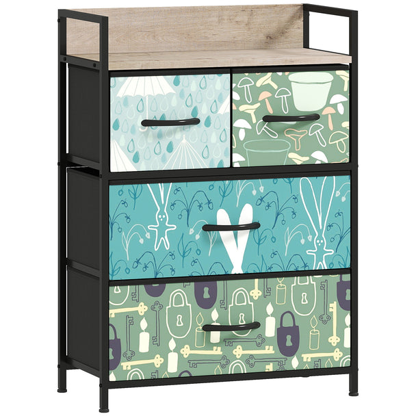 Blue 4-drawer fabric chest of drawers with patterned drawer fronts, steel frame and wood-effect top