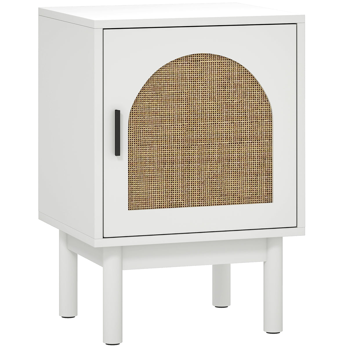 White boho bedside cabinet with arched rattan door and wooden legs