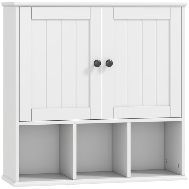 White farmhouse bathroom wall cabinet with beadboard doors and three open compartments