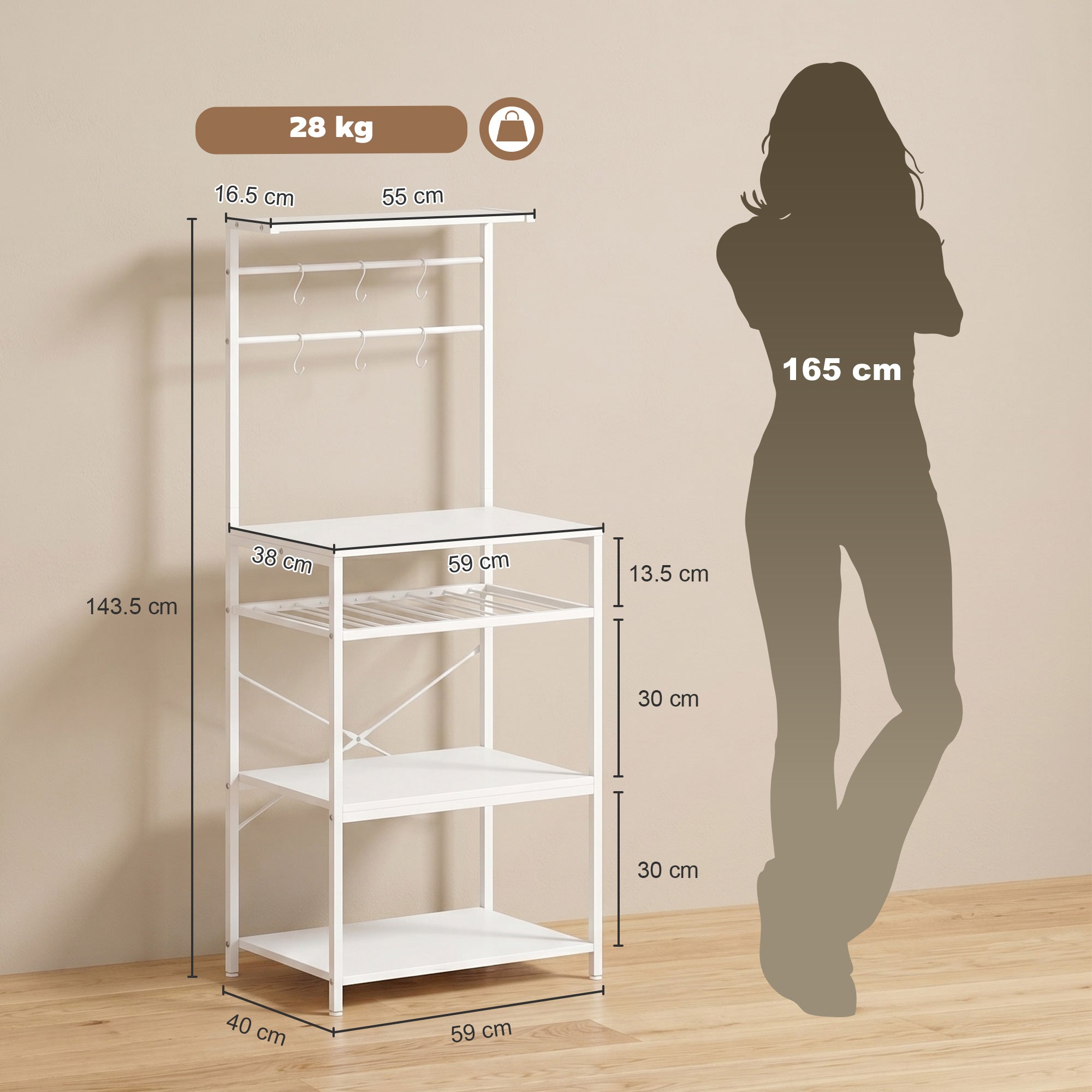 Freestanding Shelving Unit, Industrial Storage Shelf with 6 Hooks and Wine Rack for Living Room, Home Office, White
