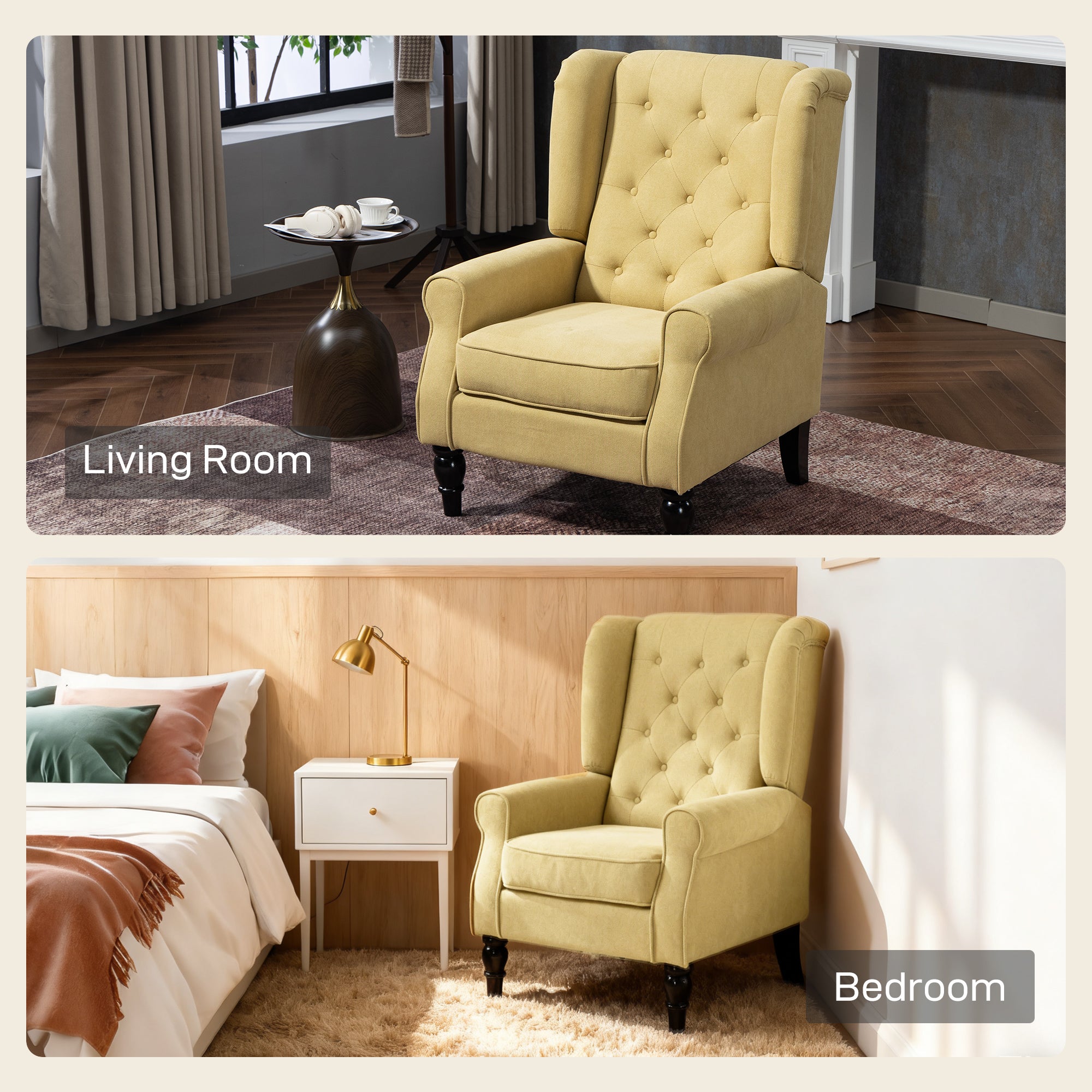 Wingback Accent Chair, Retro Upholstered Button Tufted Occasional Chair for Living Room and Bedroom, Yellow