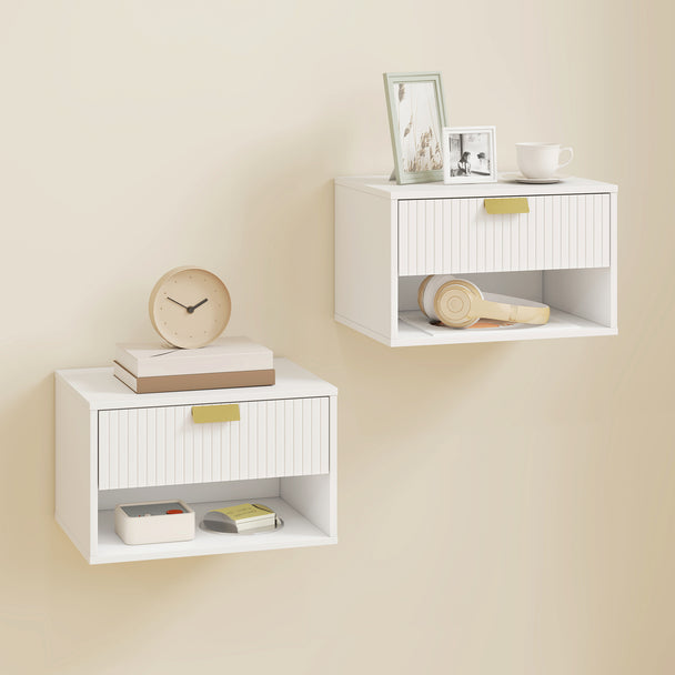 HOMCOM Set of 2 Wall Mounted Nightstands, Floating Bedside Tables with Fluted Drawer and Open Shelf for Small Bedroom – view 2