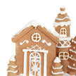 Close-up of the gingerbread house roof, snow-effect detailing and windows