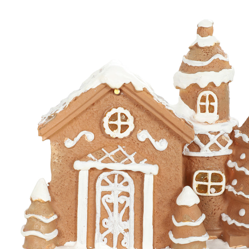 Close-up of the gingerbread house roof, snow-effect detailing and windows