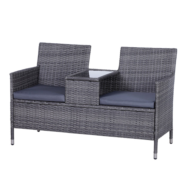 Grey rattan two-seater garden bench with built-in black glass middle table and cushions