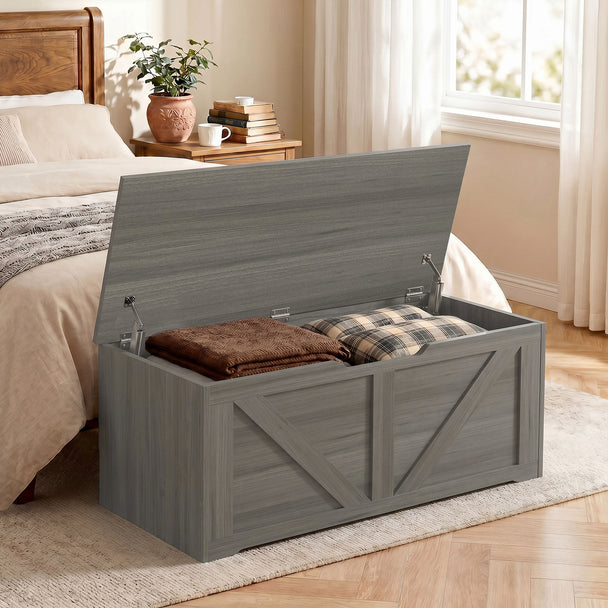 HOMCOM 127L Home Storage Box, with Safety Hinges - Dark Grey Wood-Effect – view 2
