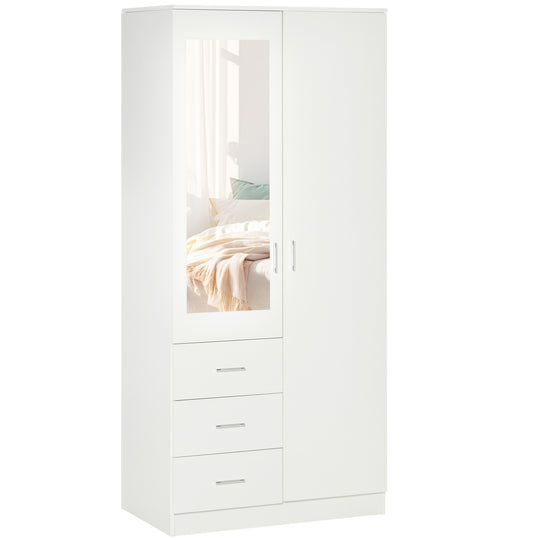 White 2-door wardrobe with full-height mirror panel and three drawers