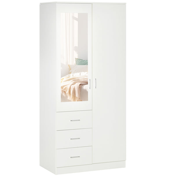 White 2-door wardrobe with full-height mirror panel and three drawers