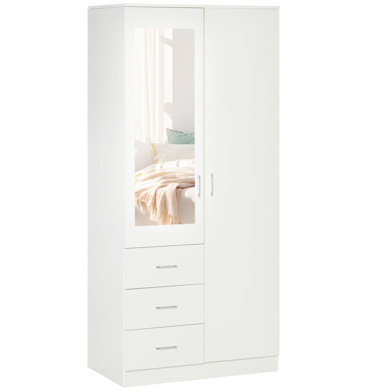 White 2-door wardrobe with full-height mirror panel and three drawers