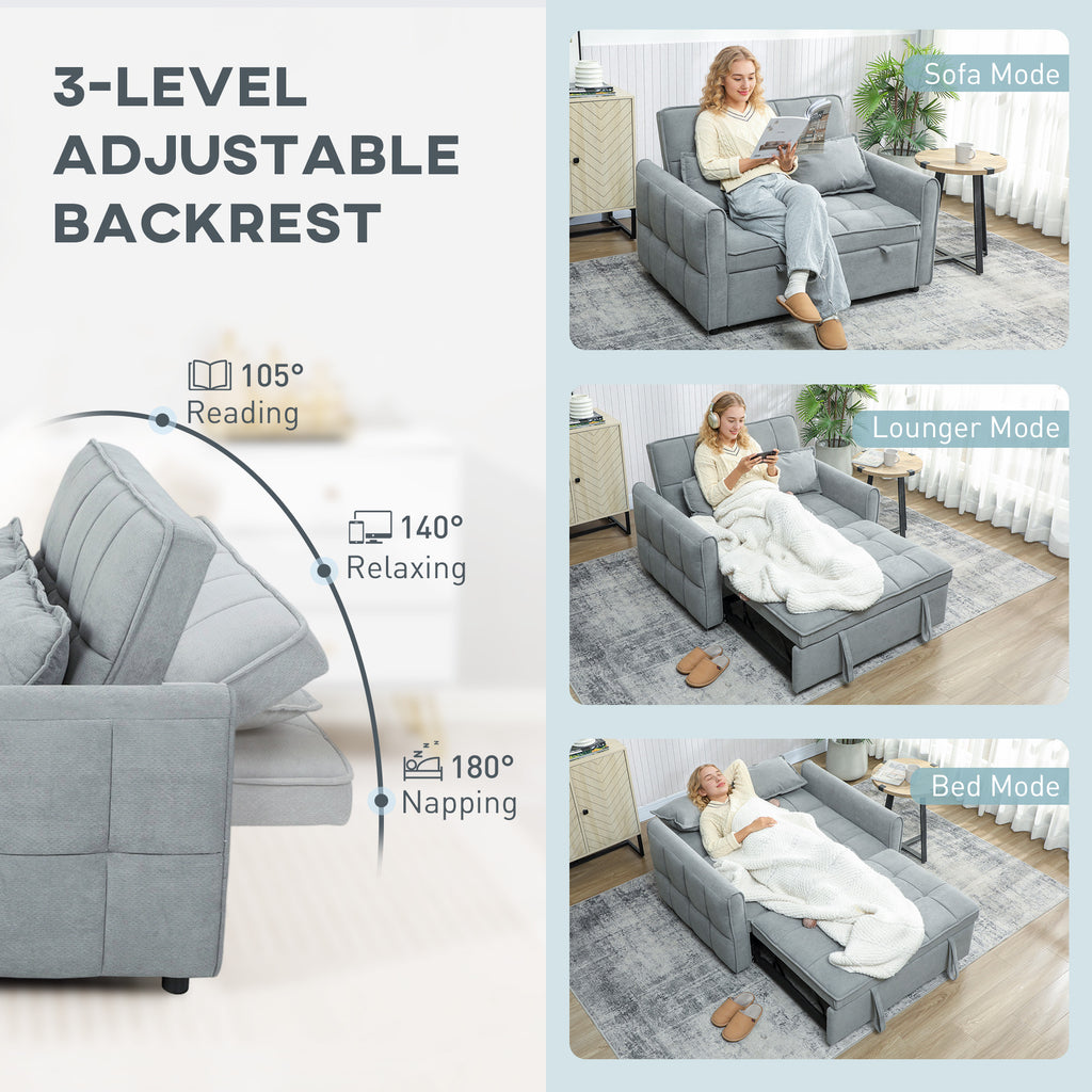 2 Seater Sofa Bed, 3-in-1 Convertible Sleeper Sofa with Click-clack Adjustable Backrest and 2 Pillows, Grey