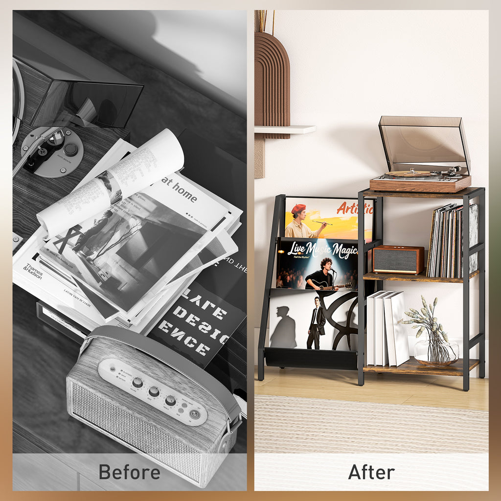3-Tier Record Player Stand, End Table for Living Room, Bedroom - Rustic Brown