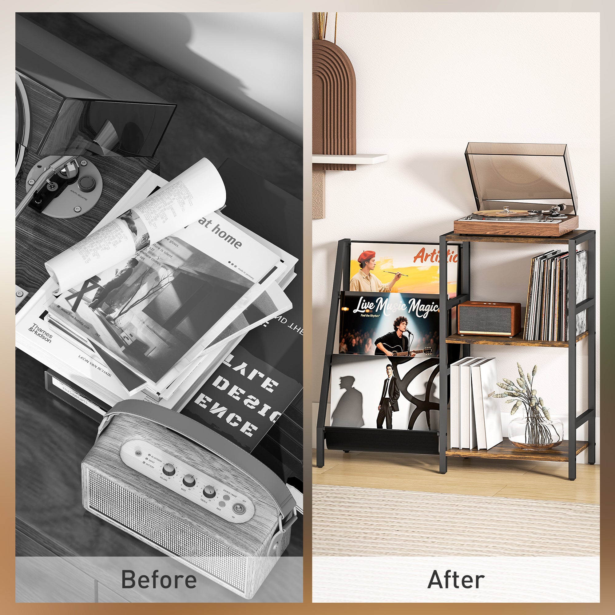 3-Tier Record Player Stand, End Table for Living Room, Bedroom - Rustic Brown
