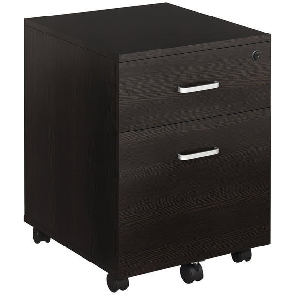 Black wood grain two-drawer lockable mobile filing cabinet on castor wheels