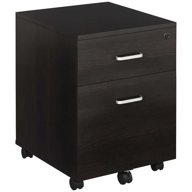 Black wood grain two-drawer lockable mobile filing cabinet on castor wheels