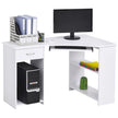 White L-shaped corner computer desk with keyboard tray, drawer, two shelves and CPU stand