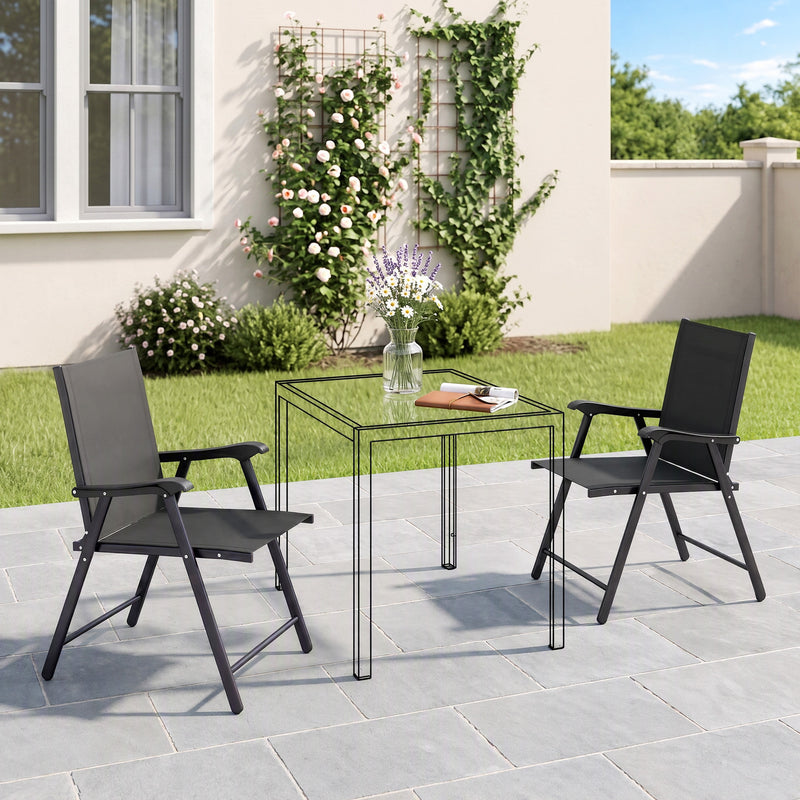 Outsunny Folding Garden Chairs Set of 2, Foldable Garden Dining Chairs with High Back, Armrests, Texteline Seat, Black – view 2