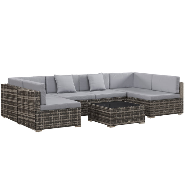 7-piece mixed grey rattan corner sofa set with grey cushions and glass-top coffee table